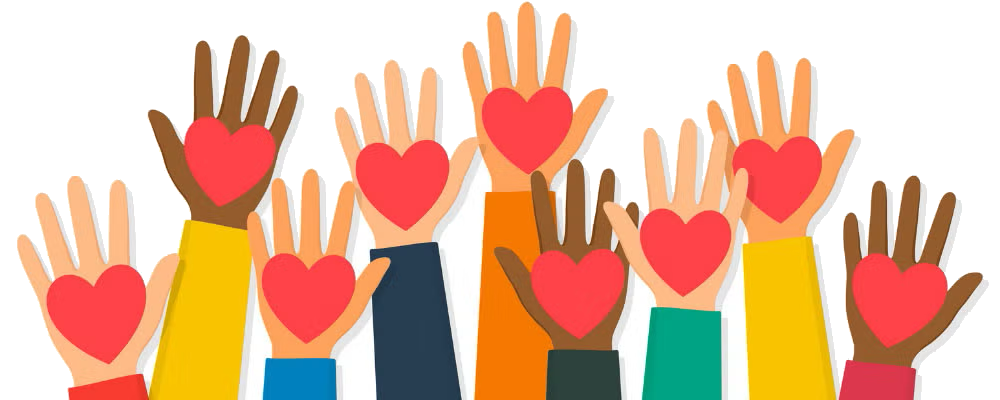 Diverse hands raised together with red hearts — representing community, love and volunteering