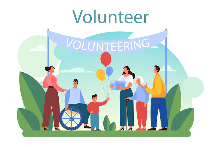 Flat illustration of youth volunteers with an elderly person and children at a volunteering event
